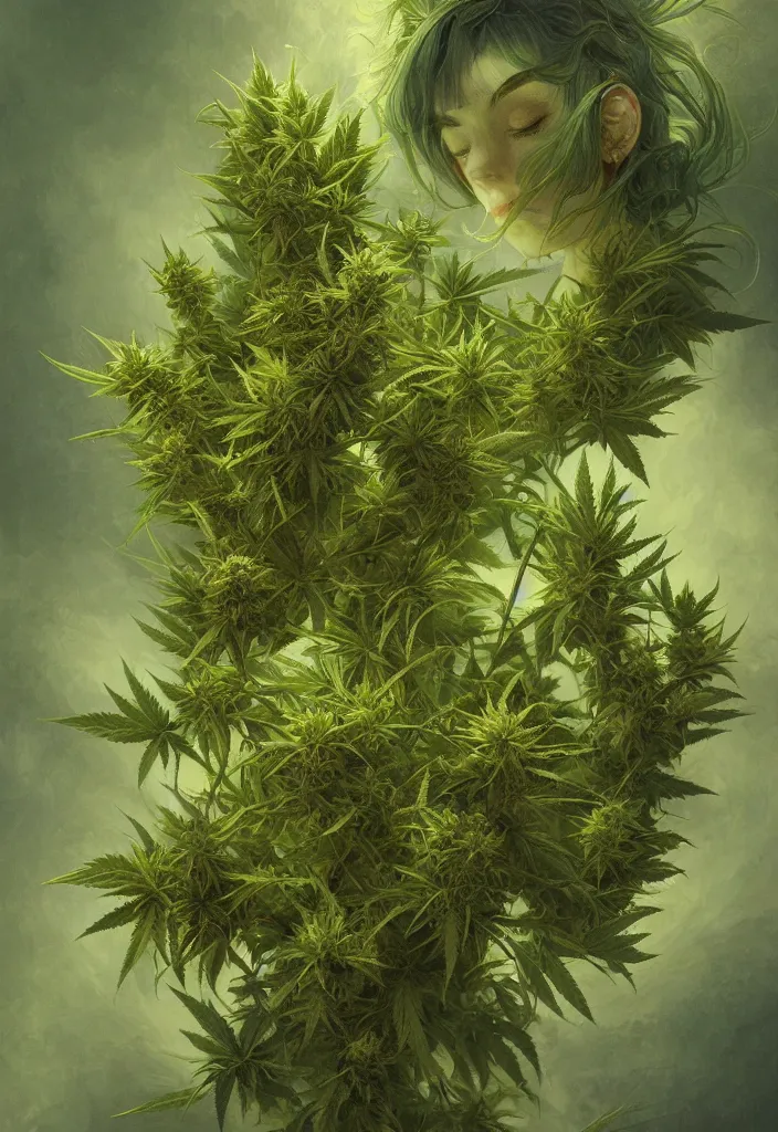 Prompt: Panorama hyper detailed painting of a marijuana weed, green tones, dreamy, 8 mm, highly detailed, digital painting, artstation, concept art, smooth, sharp focus, illustration, art by artgerm and greg rutkowski and alphonse mucha