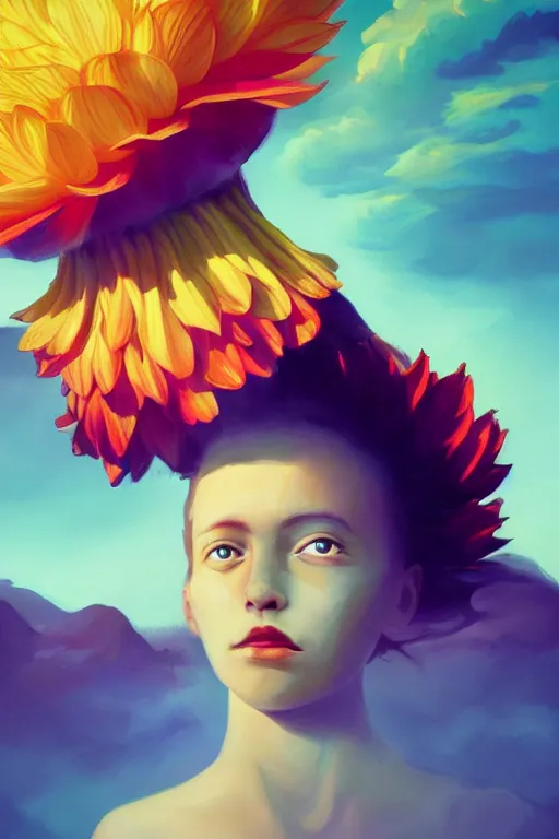 Image similar to closeup giant dahlia flower over the face, girl standing on mountain, surreal photography, blue storm clouds, dramatic light, impressionist painting, digital painting, artstation, simon stalenhag