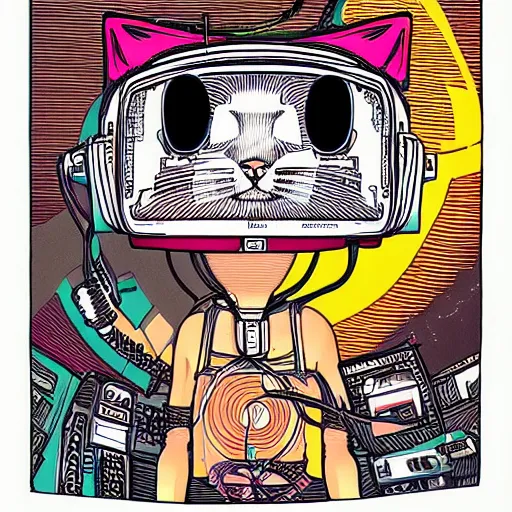 Prompt: Illustrated by Shepard Fairey and Moebius | Cyberpunk cute kitty with VR helmet, surrounded by cables