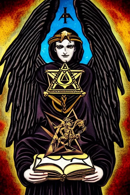 Prompt: dark angel holding a book of necronomicon, tarot card, masonic, secret society, communism, socialism, symmetrical, cinematic, sharp focus, 4 k, ultra hd, sense of awe, forbidden knowledge