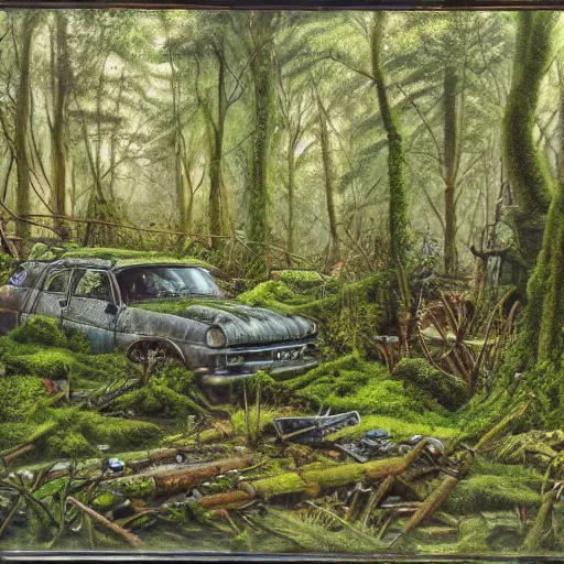 Image similar to a junk yard in the forest, overgrown with moss and ivy, detailed, realistic-C 30.0