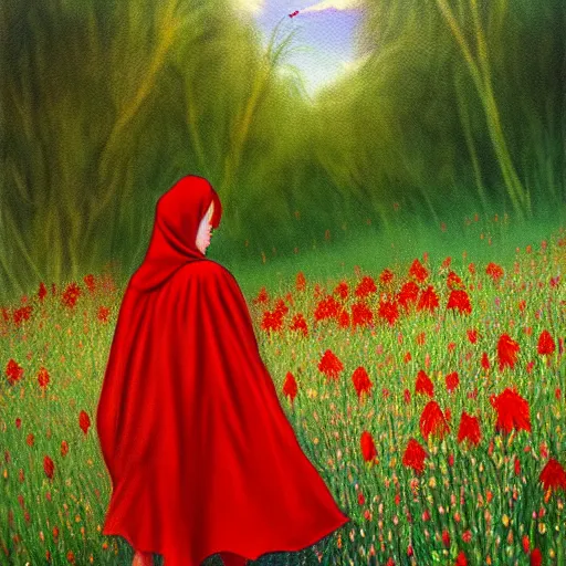 Prompt: painting of little red riding hood walking through a meadow of datura flowers, realistic