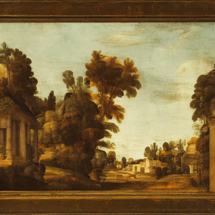 Prompt: a building in a serene landscape, by raphael