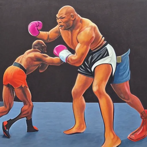 Image similar to art deco portrait of mike tyson fighting a dinosaur