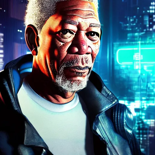 Prompt: morgan freeman portrait, cyberpunk 2 0 7 7, cyberpsycho, photorealistic, ultra detailed, neon, octane, bokeh, cyber, cyberpunk city, feature, scars, cyberface, 8 k