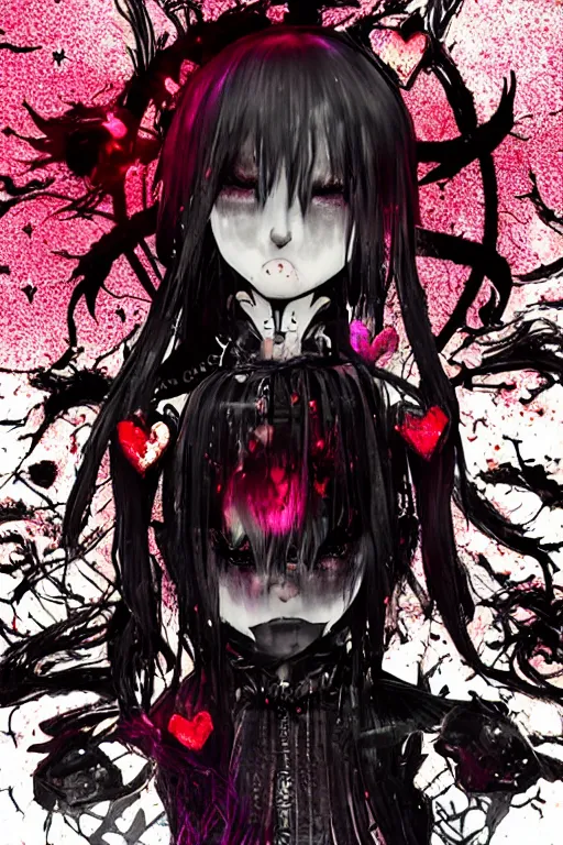 Prompt: glitchcore yokai girl, shadowverse character concept, found footage horror, glitter gif | Fatalistic (Bleak, Gloomy) | The red dump has nothing but bleak black industrial music to accompany it. | spiked korean bloodmoon sigil stars draincore, gothic demon hellfire hexed witchcore aesthetic, dark vhs gothic hearts, neon glyphs spiked with red maroon glitter breakcore Y2K horrorcore metal album cover