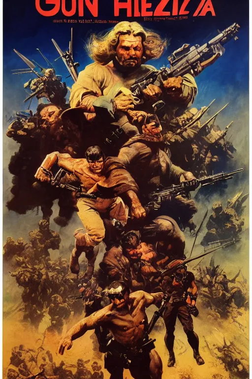 Prompt: Movie poster of Gun Star Heroes, Highly Detailed, Dramatic, eye-catching, A masterpiece of storytelling, by frank frazetta, ilya repin, 8k, hd, high resolution print