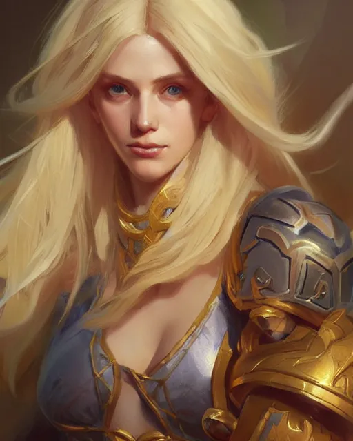 Prompt: '' Portrait of Beautiful blonde Slavic woman, league of legends, LOL, fantasy, d&d, digital painting, artstation, concept art, sharp focus, illustration, art by greg rutkowski and alphonse mucha ''