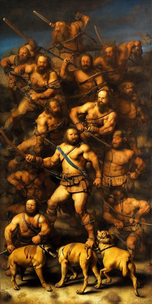 Prompt: muscular pug army dogs as barbarian hunters full hairy body fighting pose , sun rays , big shadows, small bird sihouettes in cyan background , very textured detailed oil painting by rembrandt , hard backlight , in dark cave