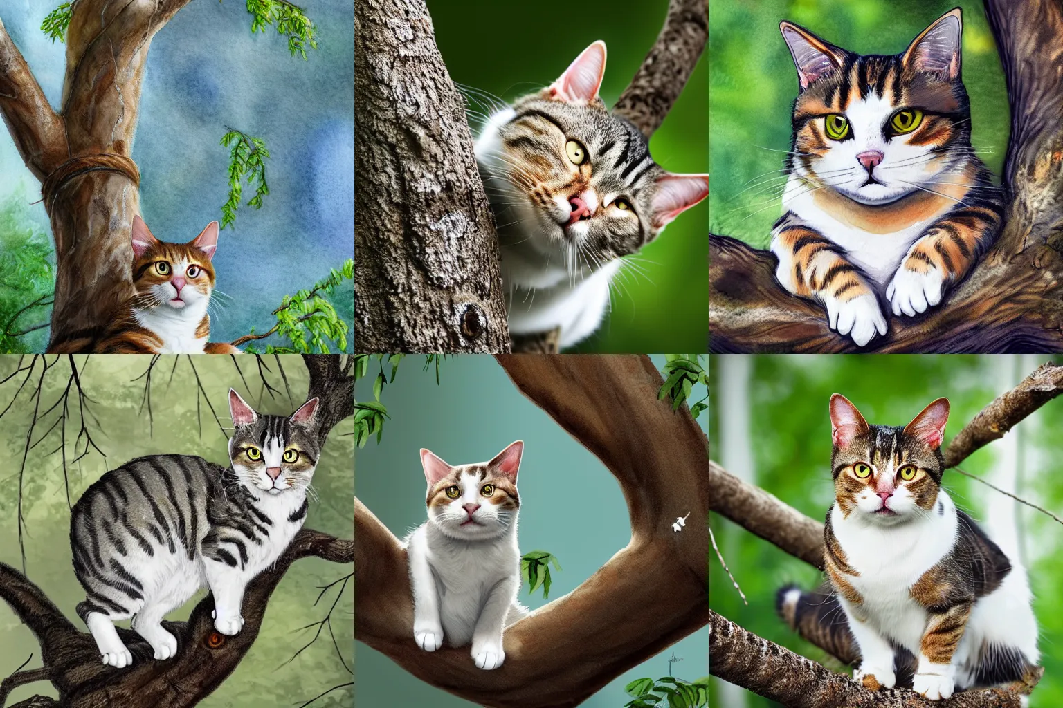 Prompt: a tabby and white cat looking scared is clinging to a branch high up in a tree, strong imagery, highly detailed, illustration, highly detailed water colour 8 k, cinematic lighting, hd, high detail, atmospheric, trending on artstation