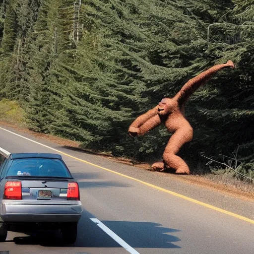 Image similar to Sasquatch tossing a big tree onto highway traffic