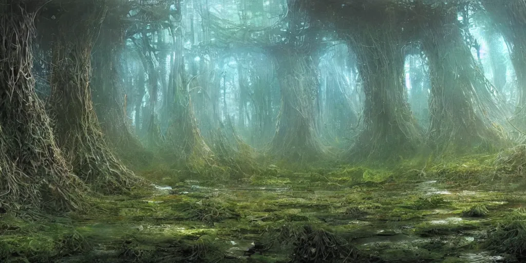 Image similar to Artwork of the Cinematic view of a diatoms forest by John Howe, Trending on artstation