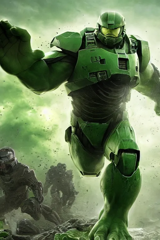 Image similar to master chief playing the hulk in the new avengers movie, oil on canvas, intricate, portrait, 8 k highly professionally detailed, hdr, cgsociety