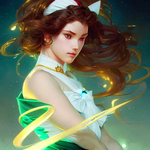 Image similar to Sailor Jupiter, fantasy, intricate, elegant, highly detailed, digital painting, artstation, concept art, matte, sharp focus, illustration, art by Artgerm and Greg Rutkowski and Alphonse Mucha