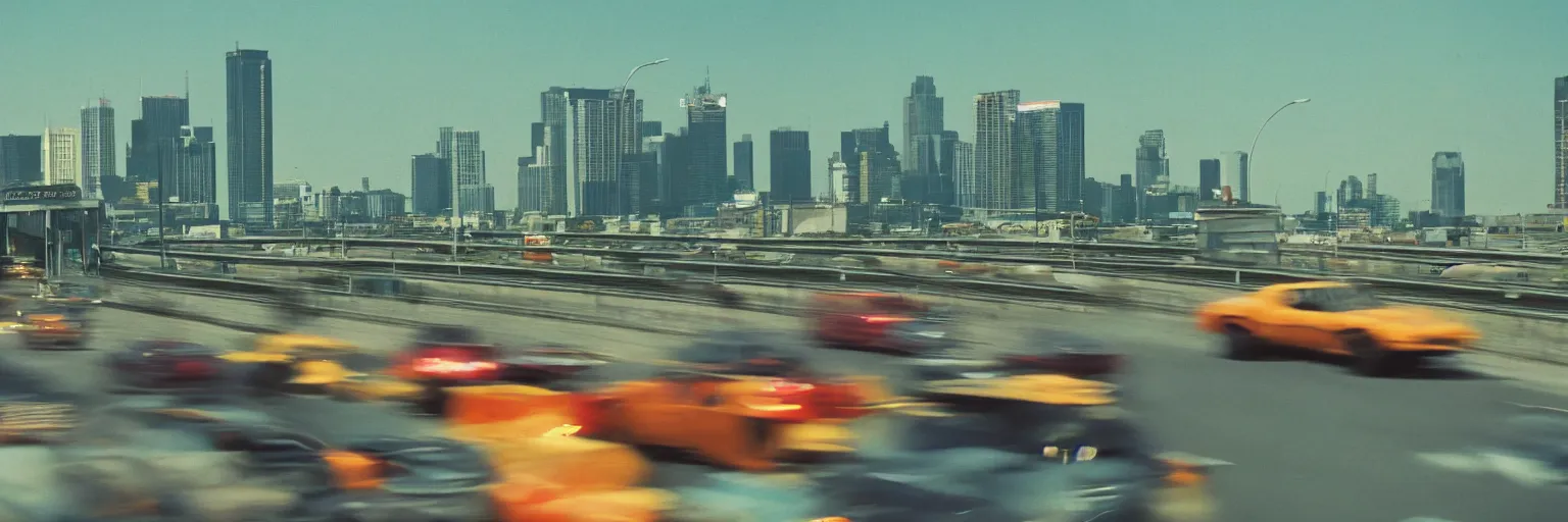 Image similar to 8 0 s neon movie still, high speed car chase on the highway with city in background, medium format color photography, 8 k resolution, movie directed by kar wai wong, hyperrealistic, photorealistic, high definition, highly detailed, tehnicolor, anamorphic lens, award - winning photography, masterpiece