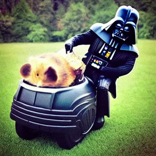 Prompt: a beautiful photo of darth vader riding on a hamster, trending on instagram