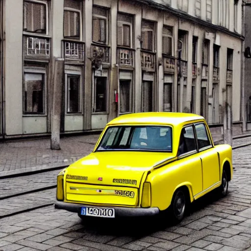 Image similar to a yellow trabant in berlin, illustration