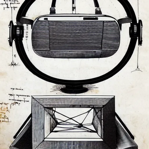 Image similar to Vintage, detailed, sketch of Oculus Rift, with full descriptions, on parchment, as depicted in Leonardo da Vinci's Codex Atlanticus