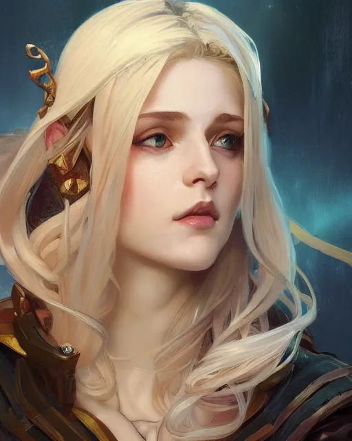 Image similar to '' Portrait of Beautiful blonde Slavic woman in her early 30’s, league of legends, LOL, fantasy, d&d, digital painting, artstation, concept art, sharp focus, illustration, art by greg rutkowski and alphonse mucha ''