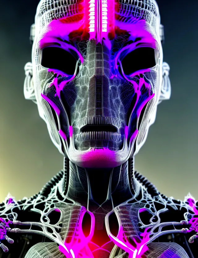 Prompt: complex 3 d elon musk, portlet photo, synthwave colors, black and white, fractal veins. cyborg, 1 5 0 mm, beautiful natural soft light, rim light, fractal details, fine lace, mandelbot fractal, anatomical fractal, glass facial muscles, elegant, ultra detailed, metallic armor, octane render