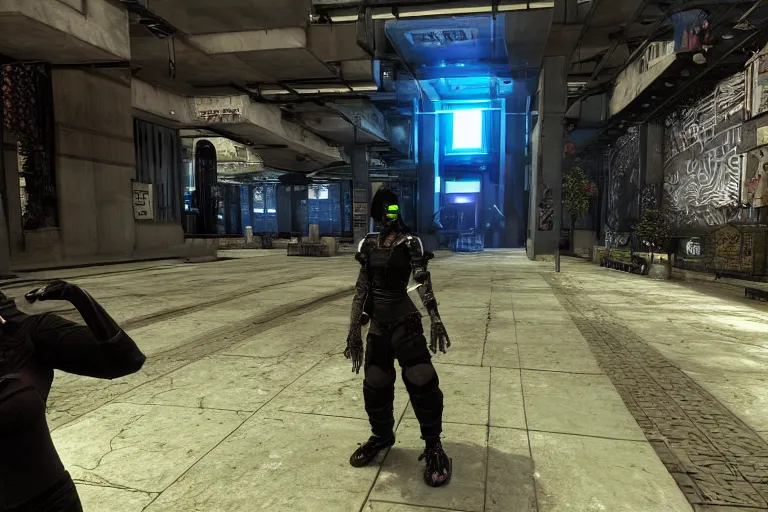 Prompt: Diamanda Galas NPC in a cyberpunk FPS game from 2003, gameplay screenshot, first-person POV