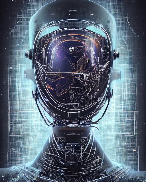 Image similar to a portrait of a human with half skin half cybernetic circuit boards, scifi, smooth, intricate sci fi panels made of metal, metal covered in chipped paint, military symbols on metal, elegant, highly detailed panel cuts, greeble detail, beveled edges, chamfer, caustics and refraction, neon glowing eyes, digital painting, artstation, concept art, high tech fantasy, sharp focus, illustration, art by marco plouffe arstation and guerilla games
