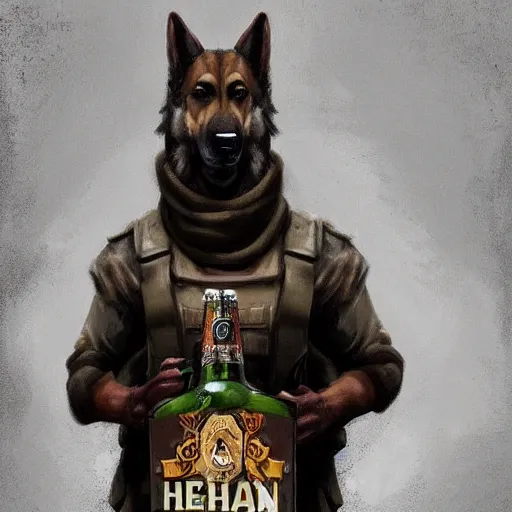 Image similar to a humanoid german shepherd beast - man in military style, holding a bottle of beer, artstation, concept art, smooth, sharp foccus ilustration, artstation