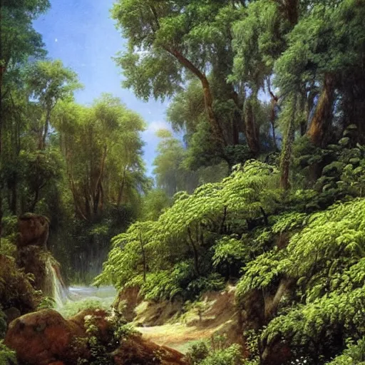 Image similar to painting of a lush natural scene on an alien planet by ivan shishkin. beautiful landscape. weird vegetation. cliffs and water.