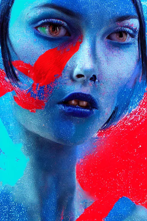 Image similar to glitched mix of endless female face and red paint in style of neo dada, blue background, hard paint, close-up