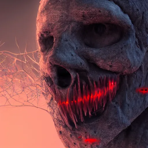Prompt: A realistic detailed photo of a creepy shadow, red eyes, dead trees, detailed body, teeth filled with cavities, foggy landscape, creepy, light particles, detailed light, realistic shaders, trending on artisation, detailed textures, detailed, realistic.