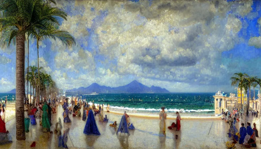 Image similar to a ultradetailed beautiful painting of the thunderstorm sky of the rio de janeiro palace balustrade designed by jules bastien - lepage, tarsila do amaral, frank weston and gustave baumann, beach, trending on artstation, mediterranean, palm trees, sharp focus, colorful refracted sparkles and lines, soft light, 8 k 4 k