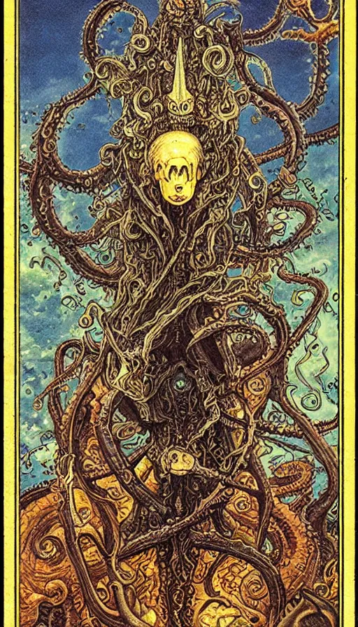 Image similar to lovecraftian cultist tarot card yoshitaka amano jean giraud rococo