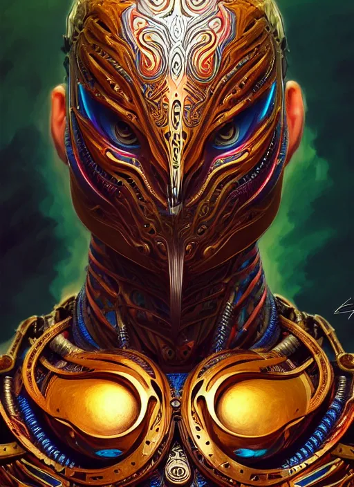 Image similar to hyper detailed ultra sharp tribal biomechanical warrior trance man portrait, trending on artstation, warpaint tattoo aesthetic, earthwave, colorful, psychedelic, ornate, intricate, digital painting, concept art, smooth, sharp focus, illustration, art by artgerm, edmund leighton, greg rutkowski, h. r. giger, 8 k