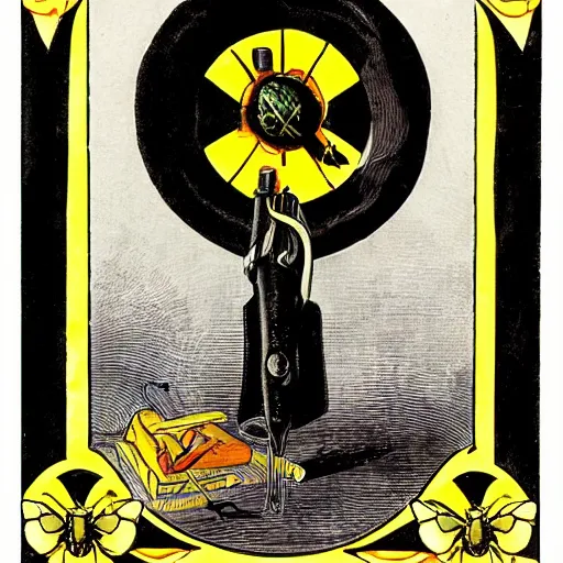 Image similar to a dark dangerous ritual spell with a bumblebee placed in the middle of a bloody bullseye at the center of the crosshairs of a gun, art nouveau, fantasy illustration, tarot