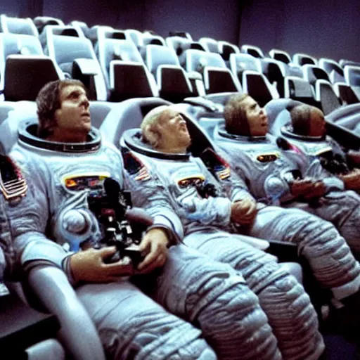 Image similar to astronauts sitting in a movie theater watching the movie “alien”, realistic