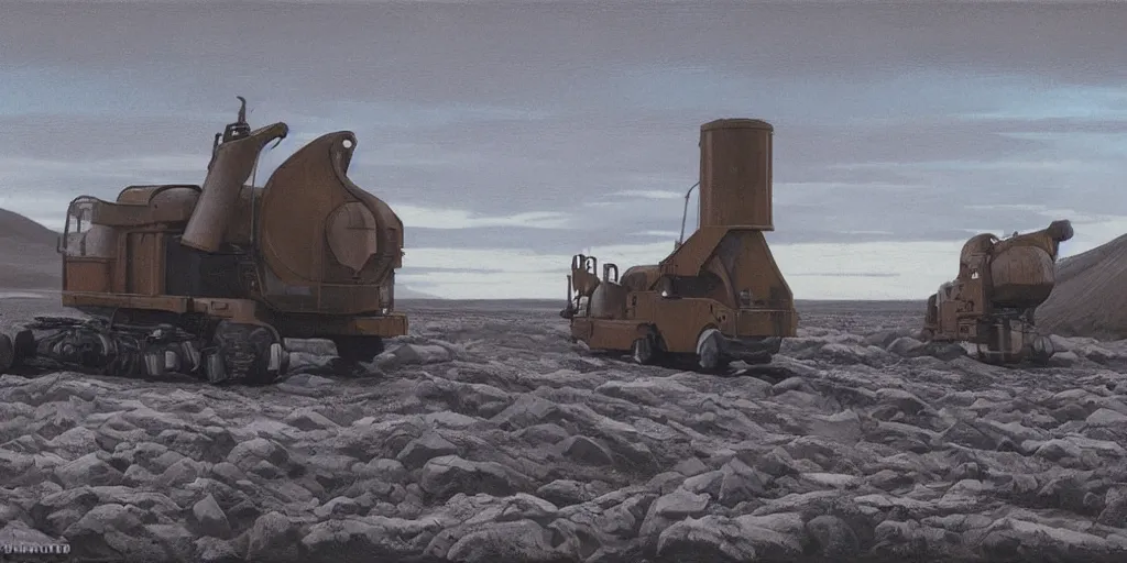 Prompt: barren icelandic landscape, dark gravel, huge abandoned mining equipment, style of ralph mcquarrie