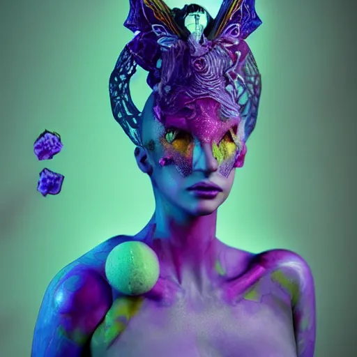 Image similar to Portrait of salvia trip faerie goddess Lady Gaga. Claymation. intricate abstract. intricate artwork. nightmare fuel. by Dave McKean. octane render, trending on artstation, greg rutkowski very coherent symmetrical artwork. cinematic, hyper realism, high detail, octane render, 8k, iridescent accents