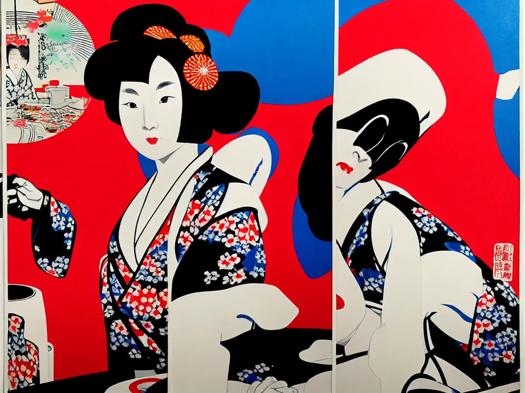 Image similar to hyperrealism composition of the detailed woman in a japanese kimono sitting at a poker table with darth vader, fireworks, picture of mountains in the background, pop - art style, jacky tsai style, andy warhol style, ukiyo e, acrylic on canvas