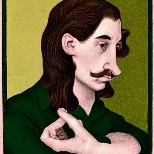 Image similar to young man, long hair!!!!, short facial hair, no mustache, dark green eyes, dark eyebrows, light widows peak light facial hair, in the style of mauritz cornelis escher, in - frame