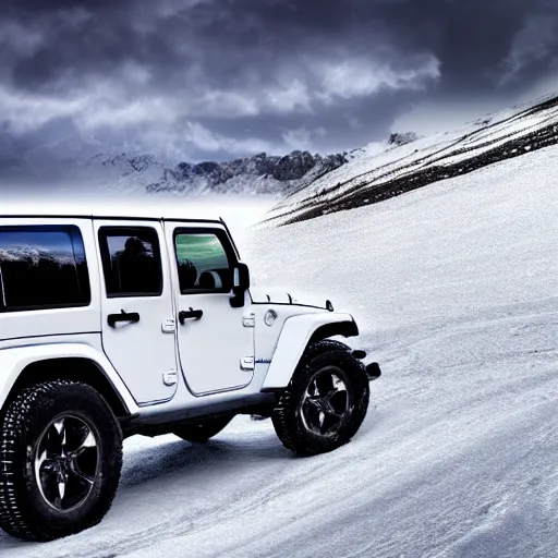 Image similar to white jeep wrangler driving up a steep snowy mountain cornice, high quality digital art, dramatic lighting, cinematic, photo realism