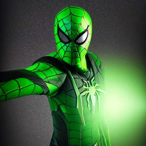 Image similar to green spider - man suit with black web lining, cinematic, volumetric lighting, realistic, hyperdetailed, photorealistic, photograph