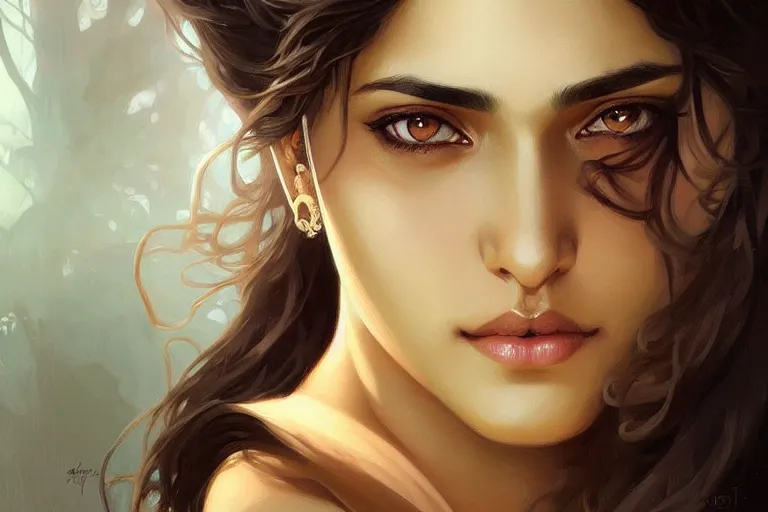 Image similar to sensual good looking pale young bengali girl with soulful eyes with a majestic german shepherd, portrait, elegant, intricate, digital painting, artstation, concept art, smooth, sharp focus, illustration, art by artgerm and greg rutkowski and alphonse mucha