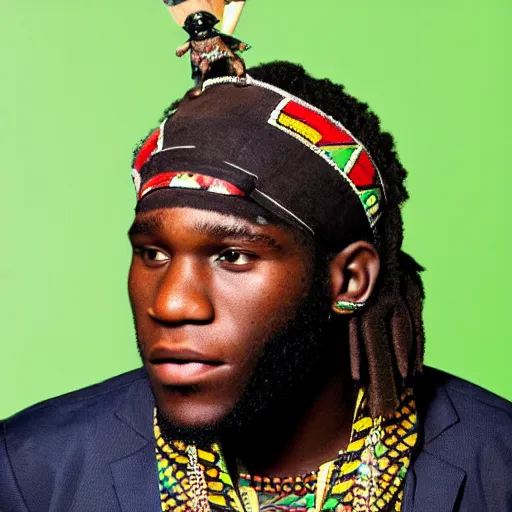 Image similar to burna boy as a tribal chief figurine, detailed product photo,