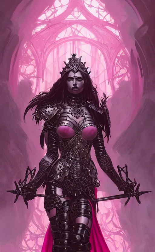 Image similar to Gothic muscular warrior queen in pink and black mythical heavy armor of thick steel plates, fantasy, highly detailed, digital painting, artstation, concept art, smooth, sharp focus, illustration, art by artgerm and greg rutkowski and alphonse mucha