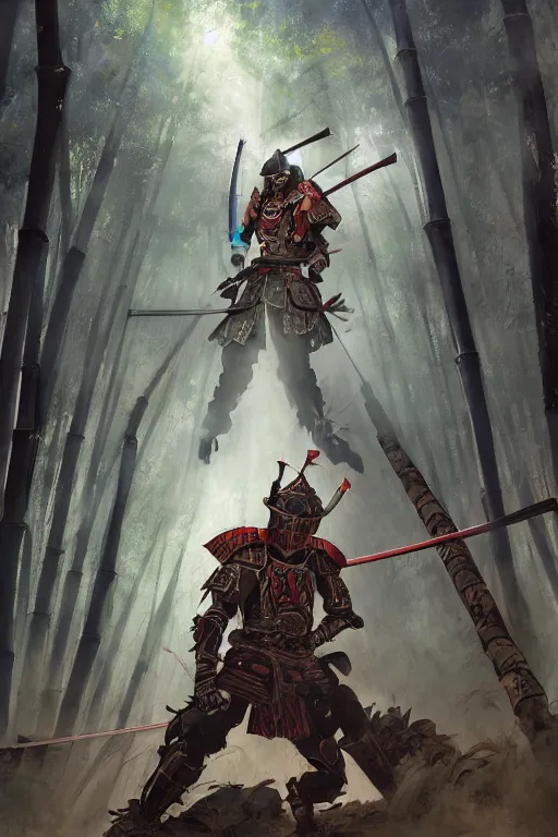 Image similar to a warrior in an epic samurai armor in dark japanese bamboo forest with light shafts, by jesper ejsing and maciej kuciara