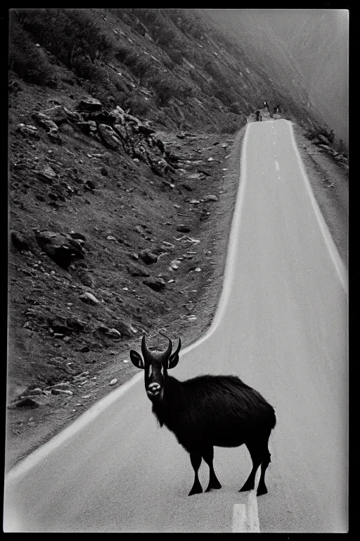 Image similar to photo polaroid of a sad and lonely child in the middle of a mountain road with many tahr on either side , Nepal,Himalayas, loneliness, black and white ,photorealistic, 35mm film,