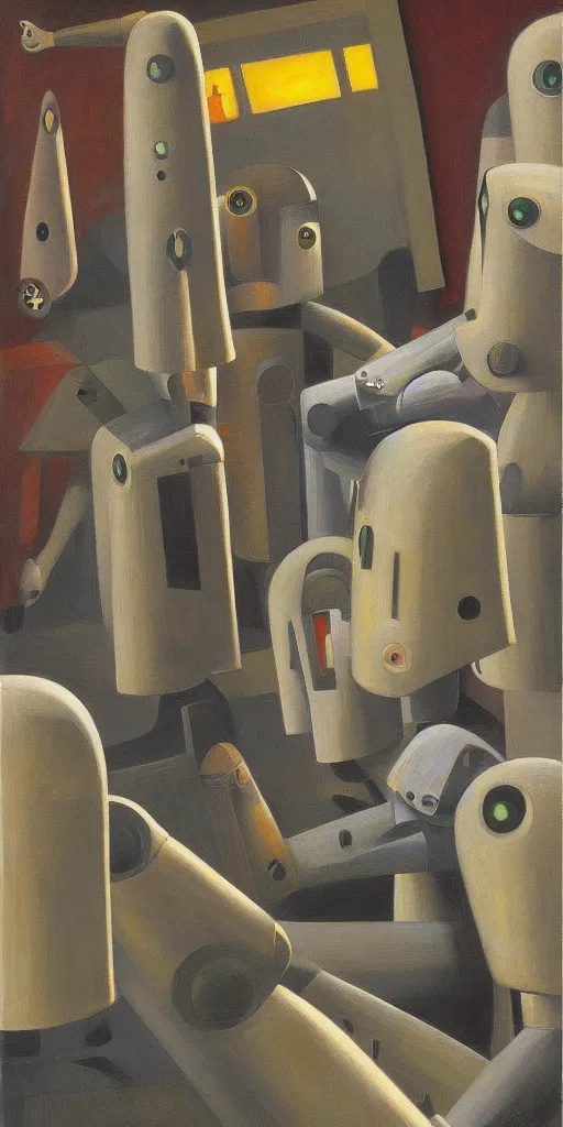 Image similar to robots falling down a deep shaft, grant wood, pj crook, edward hopper, oil on canvas