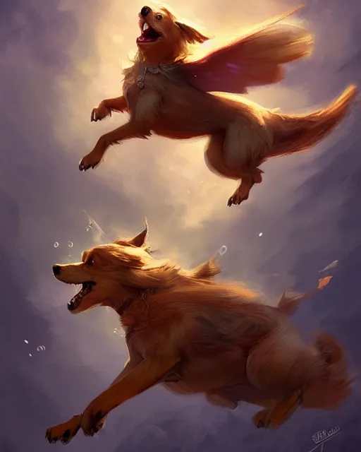 Image similar to a cute magical flying dog, fantasy art drawn by disney concept artists, golden colour, high quality, highly detailed, elegant, sharp focus, concept art, character concepts, digital painting, mystery, adventure