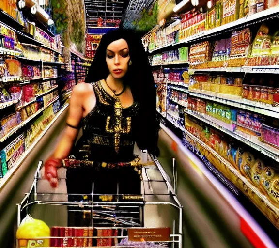 Image similar to low angle photography cleopatra in a grocery store, deep focus, intricate, elegant, highly detailed, digital painting, artstation, concept art, matte, sharp focus, illustration, art by nan goldin, cinematographyby jom jarmusch