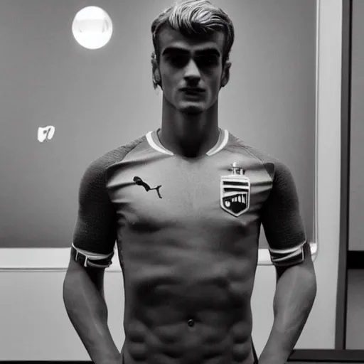 Image similar to a realistic detailed photo of a guy who is an attractive humanoid who is half robot and half humanoid, who is a male android, soccer player antoine griezmann, shiny skin, posing like a statue, blank stare, in a living room, on display, showing off his muscles